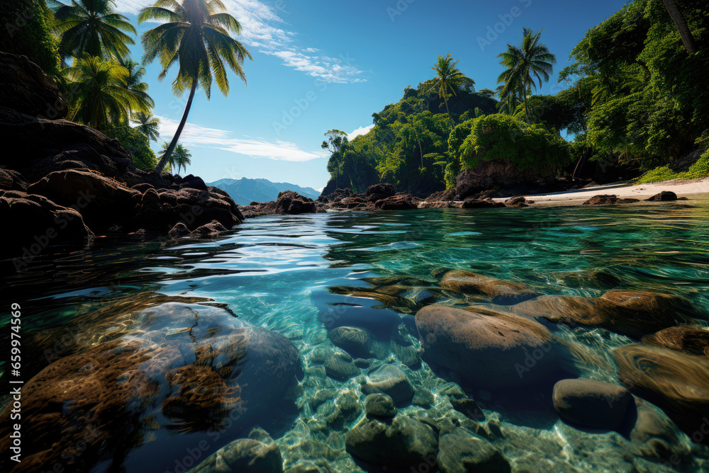 Tropical beach with clear water and rocks on a sunny day. Summer holidays