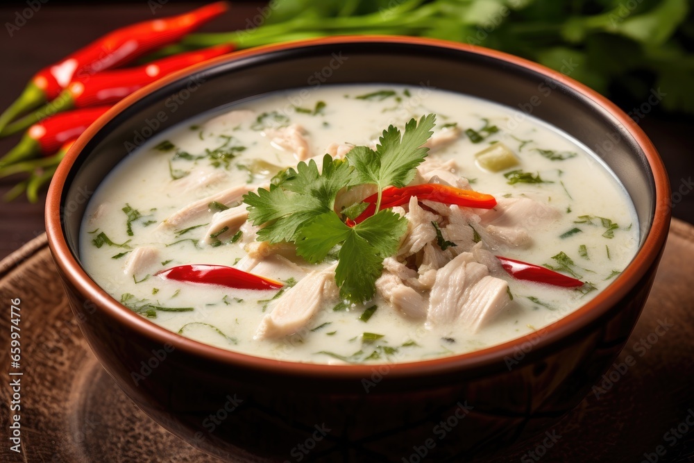 Steaming bowl of authentic Thai Tom Kha Gai coconut soup in traditional Thai food court.