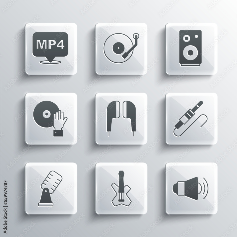 Set Electric bass guitar, Megaphone, Audio jack, Air headphones, Microphone, DJ playing music, MP4 file document and Stereo speaker icon. Vector Set Electric bass guitar, Megaphone, Audio jack, Air headphones, Microphone, DJ playing music, MP4 file document and Stereo speaker icon. Vector