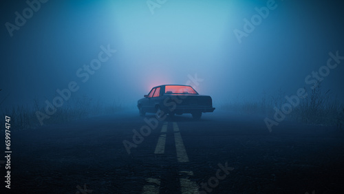 Car with eerie glowing light inside parked in middle of road in foggy moody forest during blue hour photo