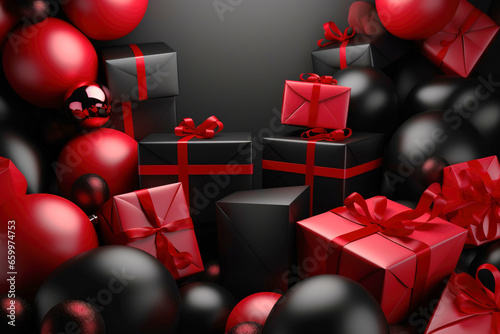 Pile of black and red gift boxes with bows on black backround. AI generated