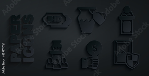 Set Hand holding auction paddle, Auction auctioneer sells, ancient vase, painting, and Bid icon. Vector