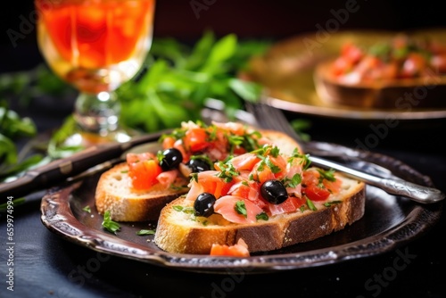 a slice of bruschetta with olives beside a silver knife on a glass plate