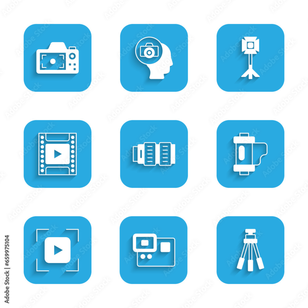 Set Camera photo lens, Action extreme camera, Tripod, film roll cartridge, focus frame line, Studio light bulb softbox and Photo icon. Vector Set Camera photo lens, Action extreme camera, Tripod, film roll cartridge, focus frame line, Studio light bulb softbox and Photo icon. Vector