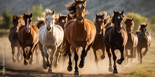 AI Generated. AI Generative. Group of horses running outdoor nature background. Wild life animal decoration. Graphic Art