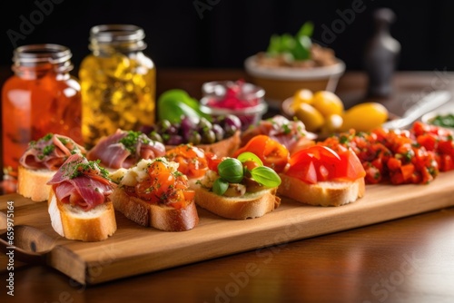 diverse selection of bruschetta with several pickled vegetables