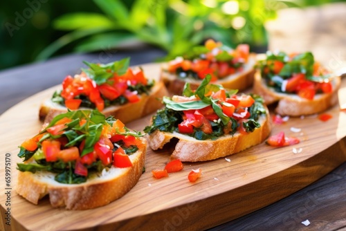 bruschetta with pickled capsicum slices on a leafy serving board