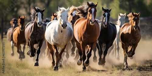 AI Generated. AI Generative. Group of horses running outdoor nature background. Wild life animal decoration. Freedom and power symbol