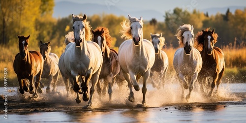 AI Generated. AI Generative. Group of horses running outdoor nature background. Wild life animal decoration. Freedom and power symbol