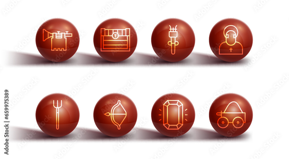 Set line Trumpet with flag, Garden pitchfork, Monk, Diamond, Medieval bow and arrow, Antique treasure chest, Wooden four-wheel cart and Torch flame icon. Vector
