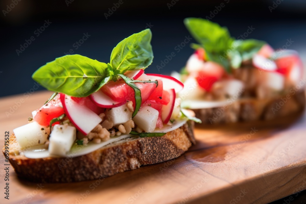 close-up of bruschetta topping with thinly sliced radish close-up of bruschetta topping with thinly sliced radish