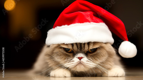 Angry Cat in Santa Claus Red Hat for Christmas and New Year