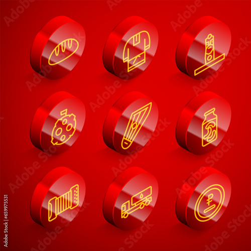 Set line Bread loaf, Kosovorotka, Slavic pagan idol, Moon with flag, Kankles, Pickled cucumbers in jar, Accordion and Tanker truck icon. Vector