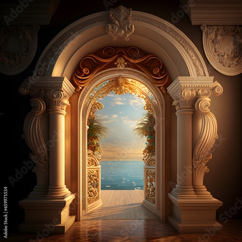 a gorgeous realistic Golden luxury classic arch with columns The portal in Baroque style The entrance to the Palace back of elegant great room in a riviera home overlooking the mediterrean sea hyper 