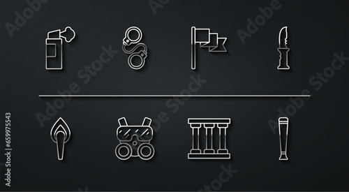 Set line Pepper spray, Torch flame, Military knife, Prison window, Gas mask, Handcuffs, Police rubber baton and Location marker icon. Vector