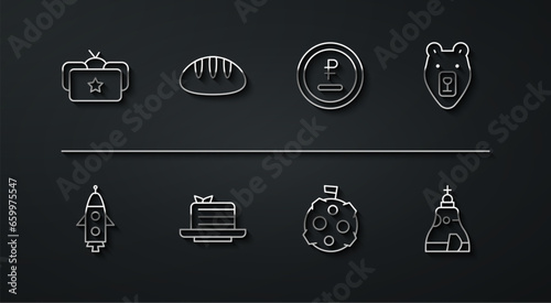 Set line Ushanka, Rocket ship, Bear head, Moon with flag, Medovik, Bread loaf, The Tsar bell and Rouble, ruble currency icon. Vector