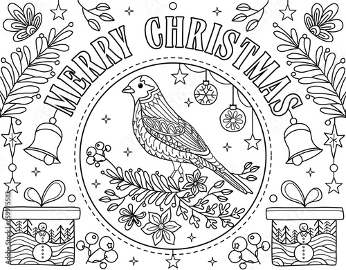 Hand drawing coloring page for kids and adults. Holiday greeting card Happy New Year 2024, Merry Christmas. Children Colouring book pictures. Christmas tree, snowflakes, bird, eve decorations, carol