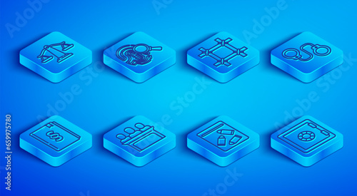 Set line Scales of justice, Fingerprint, Prison window, Jurors, Evidence bag and bullet, Handcuffs, Law book and Safe icon. Vector