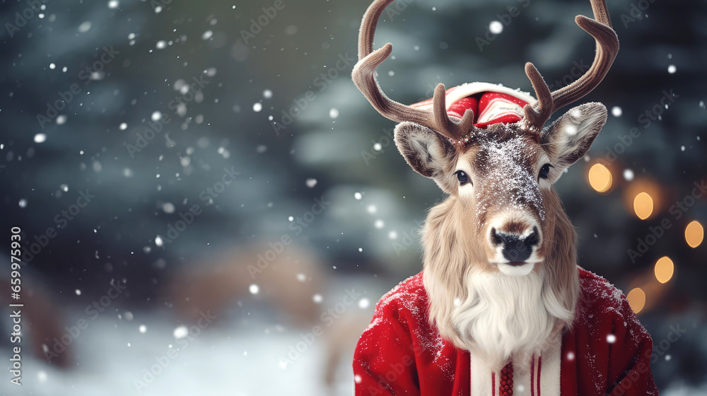 Christmas card with deer with red santa claus hat in snowy forest , new year Christmas card with deer with red santa claus hat in snowy forest , new year