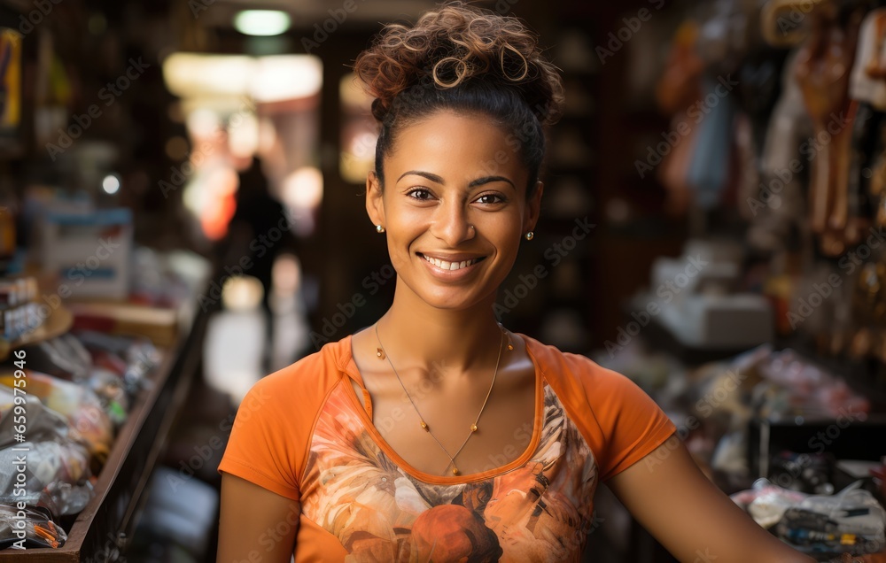 African American woman smiling and posing in her grocery store. A determined entrepreneur.