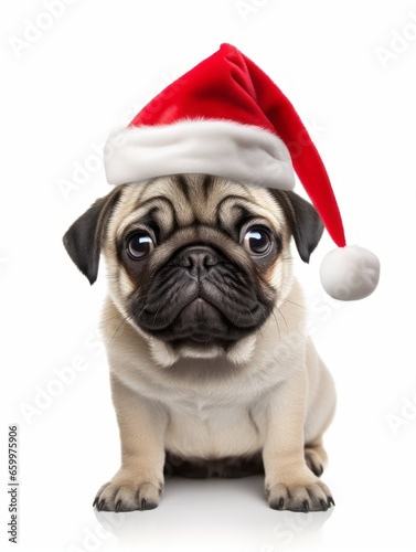 Cute Christmas Pug wearing aa red Santa Hat © Joyce
