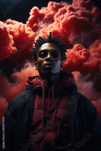 An African American man with sunglasses wearing a red and black jacket stands in a cloud of smoke, in the style of pop art colorism, with soft lighting portraits