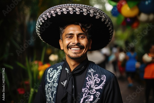 Mariachi in a traditional Mexican black suit and sombrero, posing with a smile