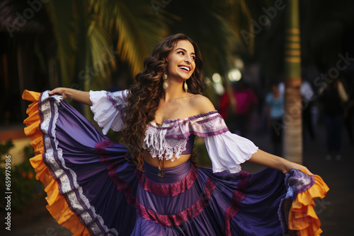 Mexican woman in traditional Mexican attire performing a traditional dance