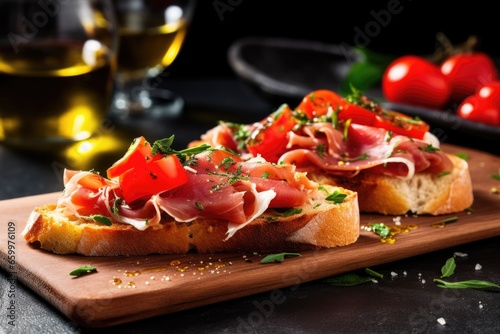 serrano ham bruschetta with a drizzle of olive oil