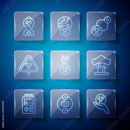 Set line Dosimeter, Atom, Radioactive, exchange energy, Radiation electrical plug, Triangle with radiation, Nuclear bomb and explosion icon. Vector