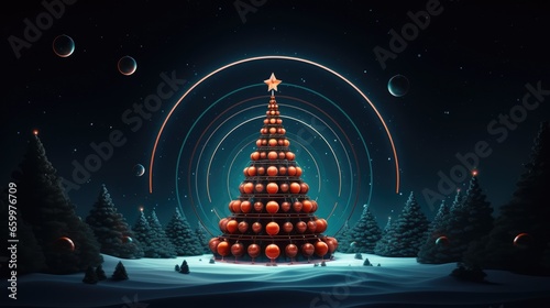 Neon Futuristic Christmas Tree and Festive New Year Christmas Card