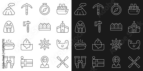 Set line Oars or paddles boat  Fur seal animal  Church building  Compass  Wooden axe  Walrus  Volcano and Norwegian wooden house icon. Vector