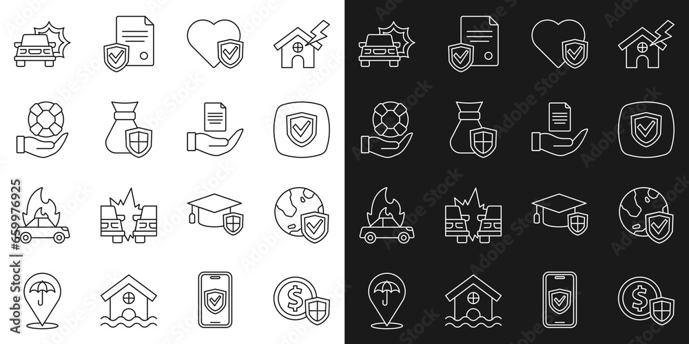 Set line Money with shield, Shield world globe, Life insurance, bag, Lifebuoy hand, Car accident and Contract icon. Vector