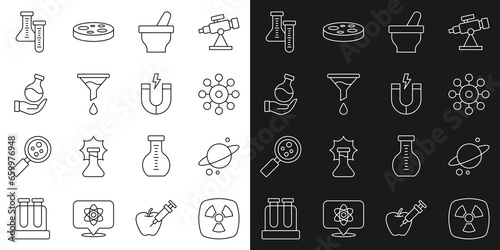 Set line Radioactive, Planet Saturn, Virus, Mortar and pestle, Funnel filter, Test tube, and Magnet icon. Vector