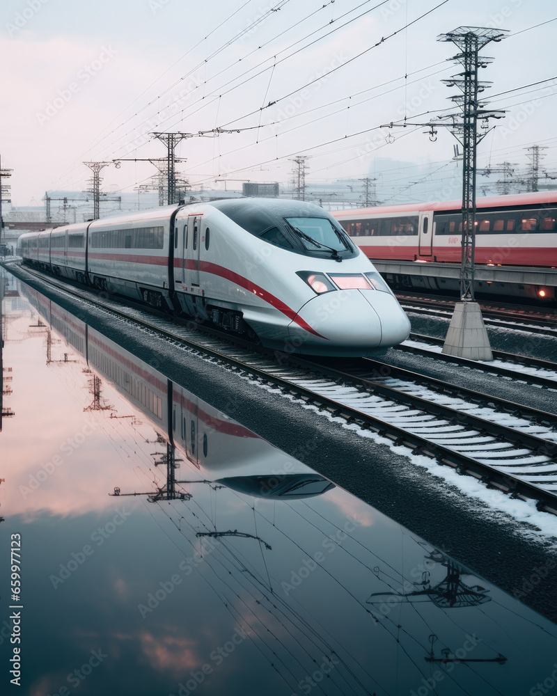 Fototapeta premium sleek locomotive speeding along railway tracks against a backdrop of towering power lines