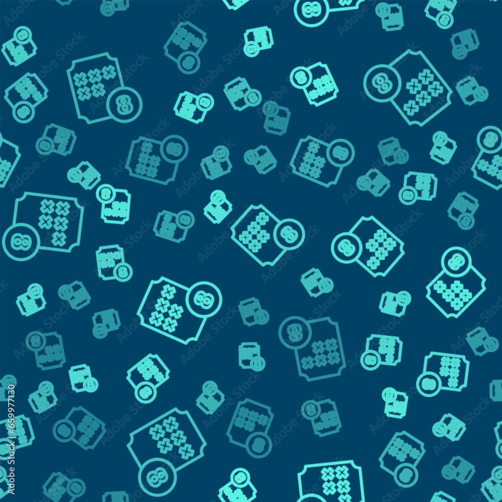 Green line Bingo or lottery ball on bingo card with lucky numbers icon isolated seamless pattern on blue background. Vector Green line Bingo or lottery ball on bingo card with lucky numbers icon isolated seamless pattern on blue background. Vector