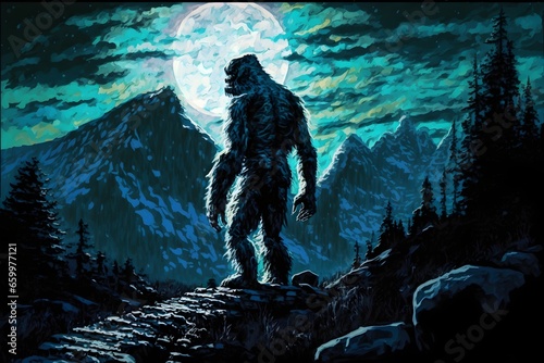 High Strangeness in the Rocky Mountains spooky oil painting high constrast colors extraterrestrial threats interdimensional Bigfoot paranormal phenomena  photo
