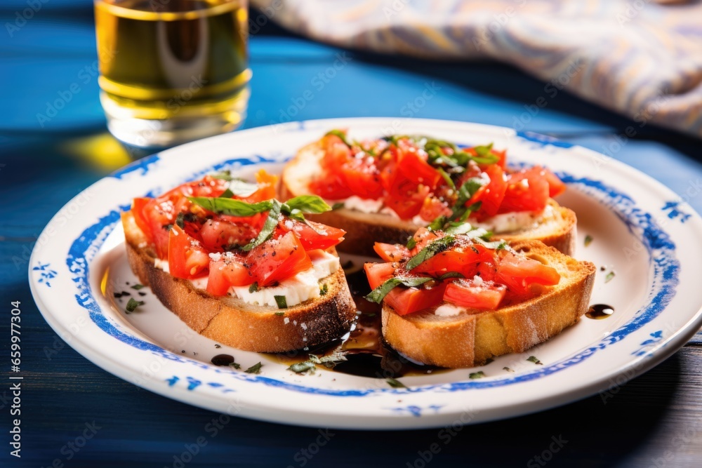 bruschetta with truffle oil on a plate with a blue rim bruschetta with truffle oil on a plate with a blue rim