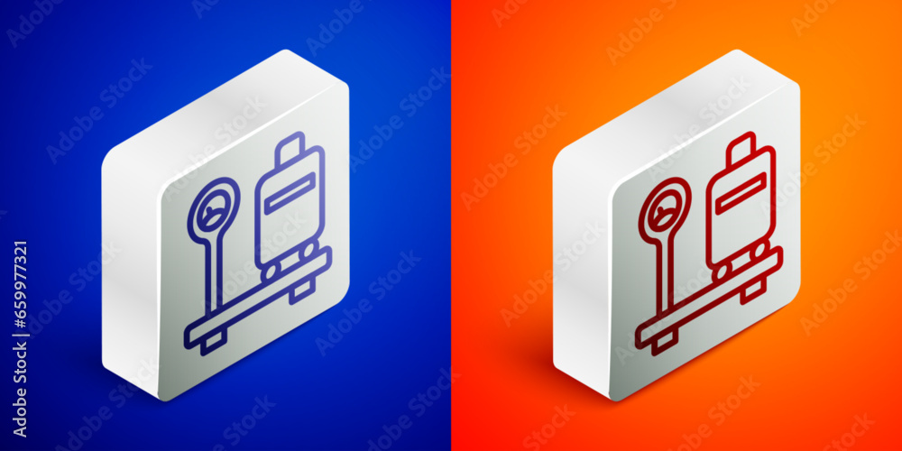 Isometric line Scale with suitcase icon isolated on blue and orange background. Logistic and delivery. Weight of delivery package on a scale. Silver square button. Vector Isometric line Scale with suitcase icon isolated on blue and orange background. Logistic and delivery. Weight of delivery package on a scale. Silver square button. Vector