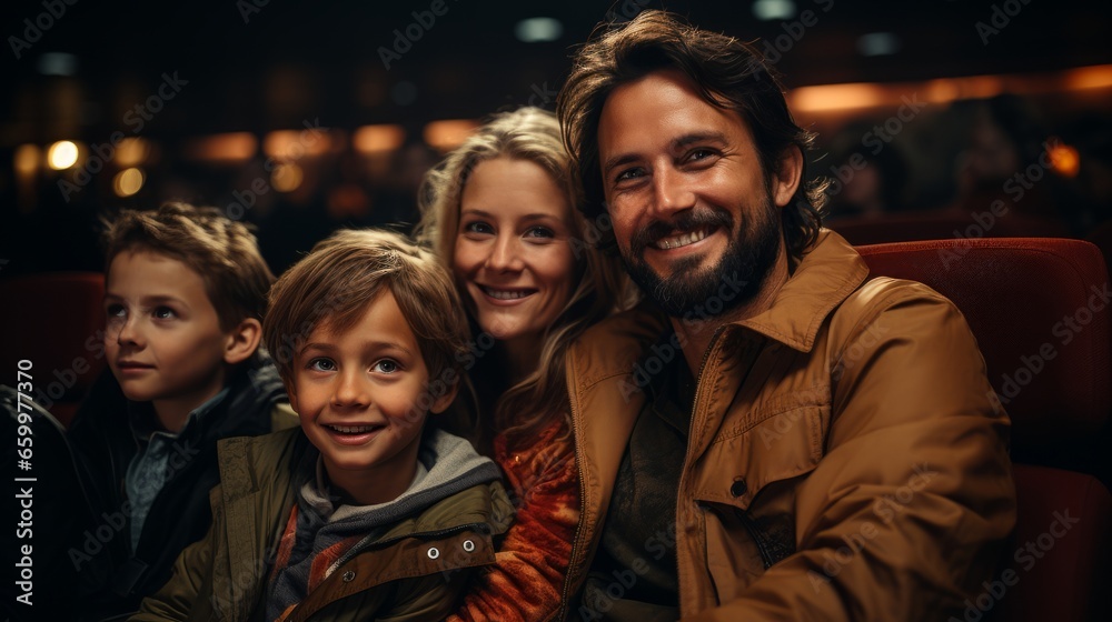 Cheerful family watching a movie in cinema theater. Father, mother and two sons spending weekend together. Happy parents and kids enjoying communication and shared leisure time.