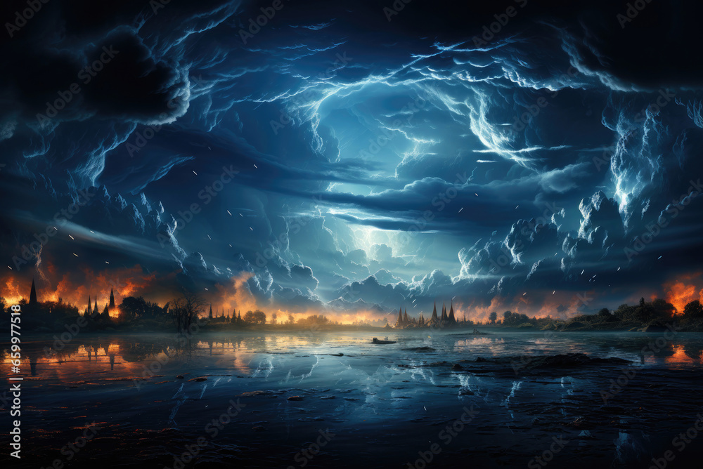 Thunderstorms and lightning in the night sky
