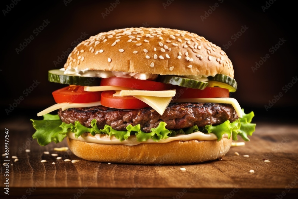 a classic beef burger with lettuce, tomato and cheese a classic beef burger with lettuce, tomato and cheese