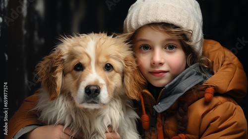 Close-up portrait of beautiful little girl in winter parka and knitted hat with big shaggy dog in mysterious winter snowy forest. Cute child hugging her adored pet. Winter tale of love and friendship. © Georgii