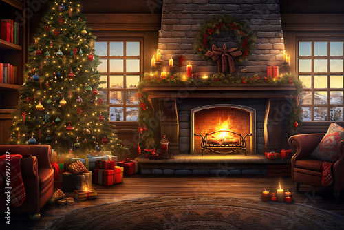 A Cozy Living Room Adorned with a Warm Fireplace and a Decorated Tree with Christmas Lights 