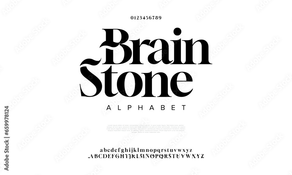 Brainstone premium luxury elegant alphabet letters and numbers. Elegant wedding typography classic serif font decorative vintage retro. Creative vector illustration