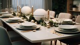 a dining table set with modern Christmas tableware and centerpieces. the use of clean and simple design elements to evoke a sense of modern holiday dining.