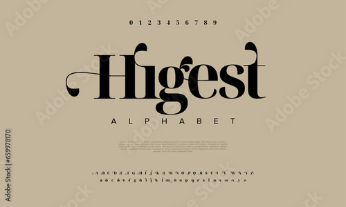 Higest premium luxury elegant alphabet letters and numbers. Elegant wedding typography classic serif font decorative vintage retro. Creative vector illustration photo