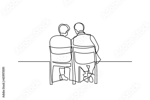 People sitting and talking in continuous line art drawing style. Back view of two senior people sitting on the chairs and discussing something. Black linear sketch isolated on white background photo