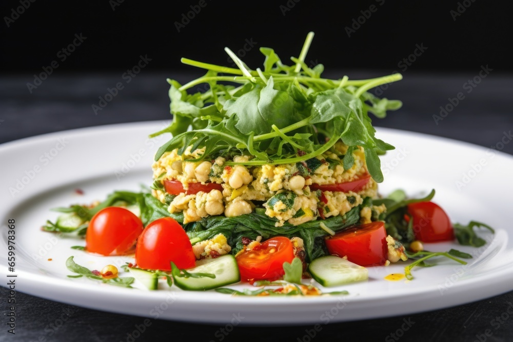 chickpea salad with arugula on a white plate