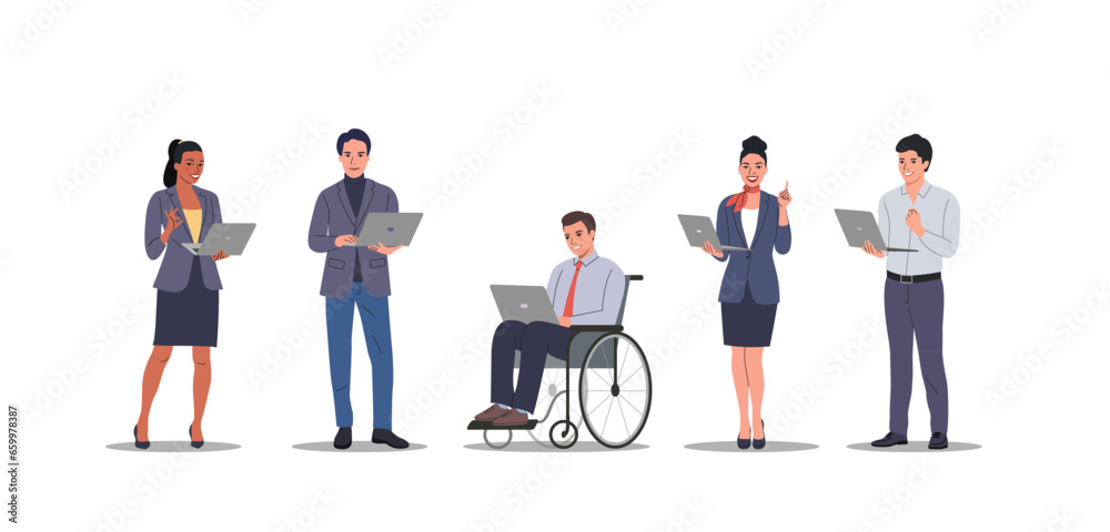 Obraz premium Young men and women holding and using laptop. Vector flat style cartoon illustration